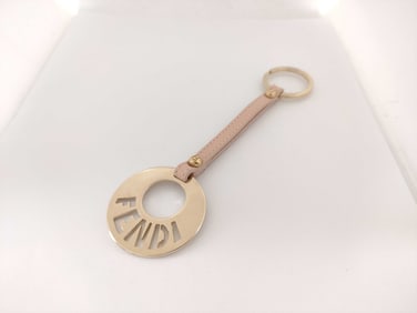 FENDI Circle Logo Keychain 17cm Gold tone & pastel pink very cute