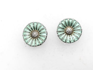 Georg Jensen Daisy Earrings 925 Pale Green Enamel with box!