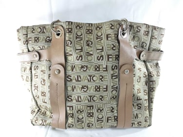 Salvatore Ferragamo Canvas Logo Tote with Leather Trim