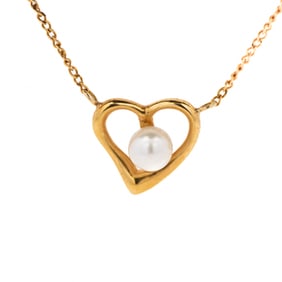 18KYG Heart Pendant Necklace with Pearl 16"