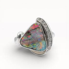 Platinum 3.42ct Boulder Opal & Diamond Ring Size 6.25