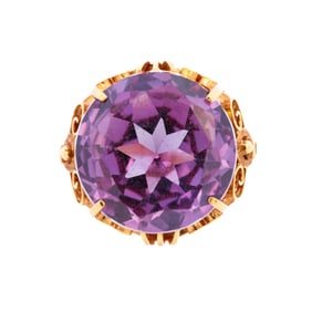 18K Yellow Gold Filigree Ring with 15.5 mm Amethyst, Size 6