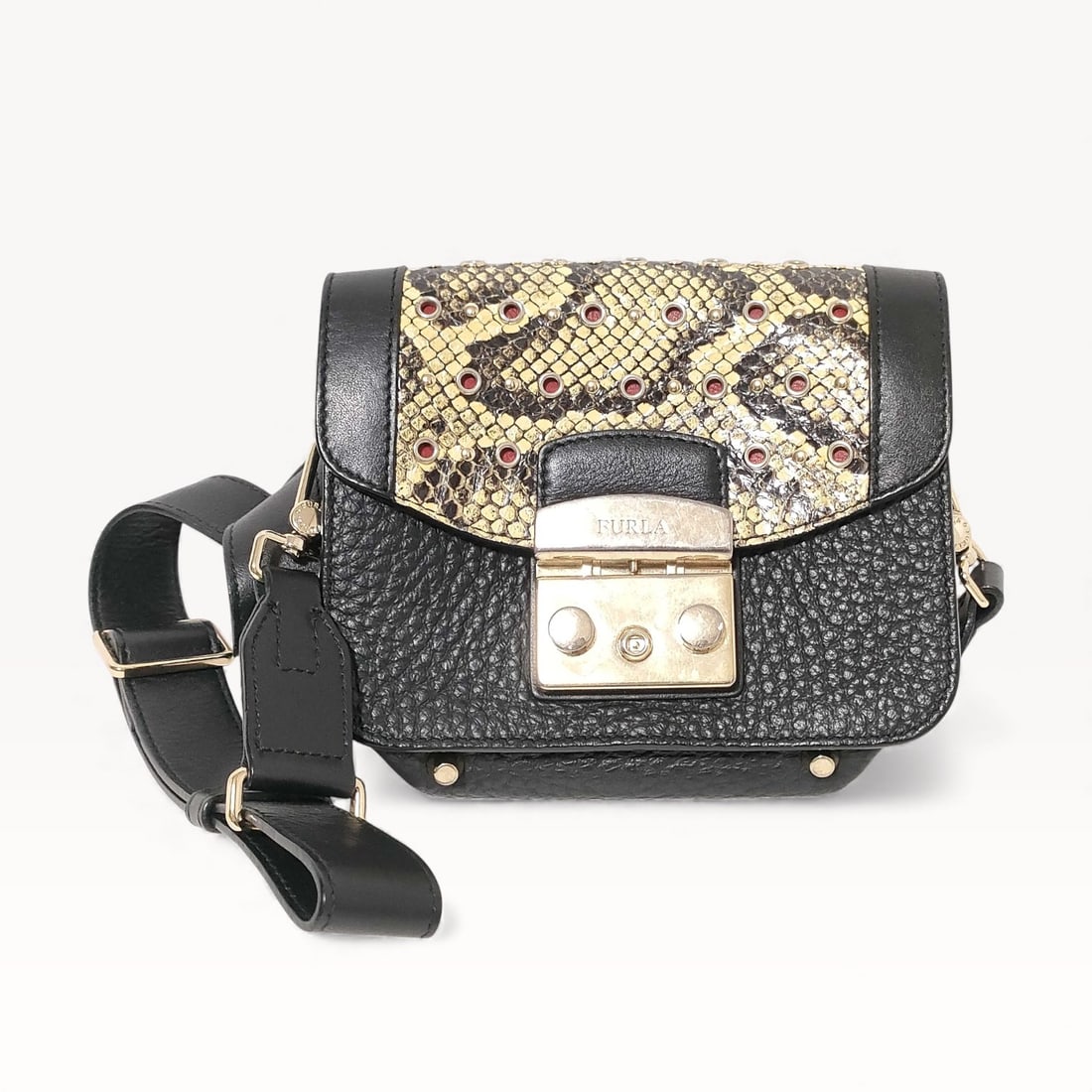 Furla Metropolis Mini Crossbody in Black Leather w/Python-Print Flap: Authentic Furla Metropolis Mini Crossbody in Black Leather with python print flap.