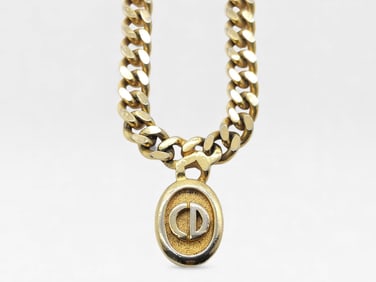 Vintage Dior GP Logo Medallion Cuban Link Chain Necklace 17.25"