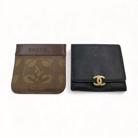 Two Chanel Coin cases; one brown monogram canvas & one in Black Caviar Leather