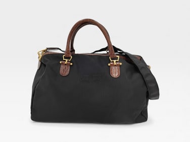 Early 90s Balenciaga Black Nylon Boston Bag 2way with Embossed Leather Handles, Gold tone hardware