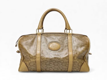 Vintage Celine C Macadam Boston bag in tan canvas and leather with gold-tone hardware.