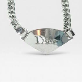 Christian Dior Vintage Palladium-tone plate logo chain necklace 16"