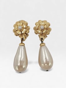 Chanel 93P Rare 24K Gold Plated Cameilla Flower & Costume Pearl Drop Earrings with Box