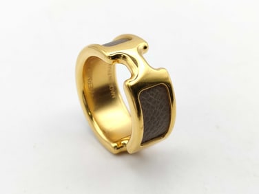 Hermès Olympe Ring Gold Plated in Etoupe Calfskin, size 6