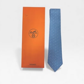 Hermès Geometric Blue Silk Tie with Original Orange Box - Excellent Condition