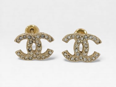 Chanel 15C Crystal CC Stud Earrings Gold Tone