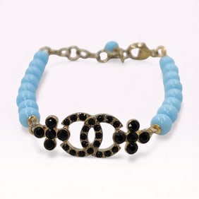 Chanel C23A Resin Beaded Black Rhinestone Logo Bracelet with Box 7"