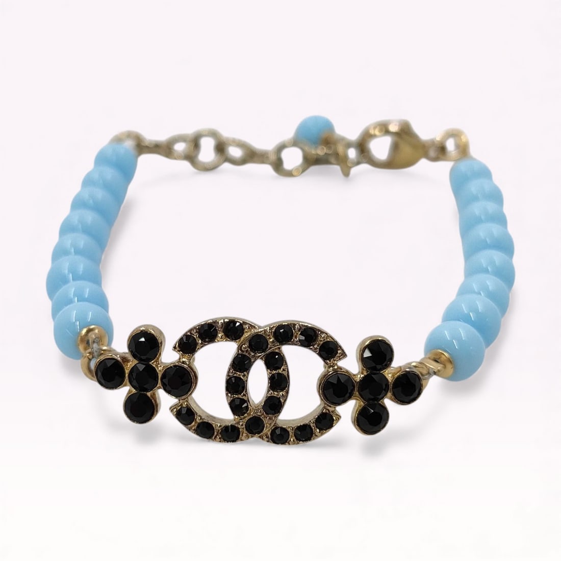 Chanel C23A Resin Beaded Black Rhinestone Logo Bracelet with Box 7" (1 of 5)