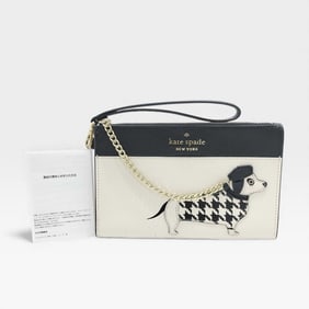 Kate Spade White x Black Leather Clutch Bag w/ Dog and Beret