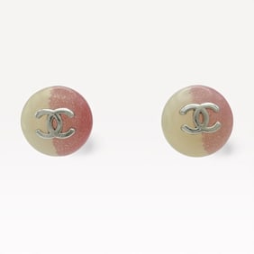 Chanel 99P Vintage CC Button Resin & Palladium-tone Metal, White/Beige & Pink Glitter - Excellent