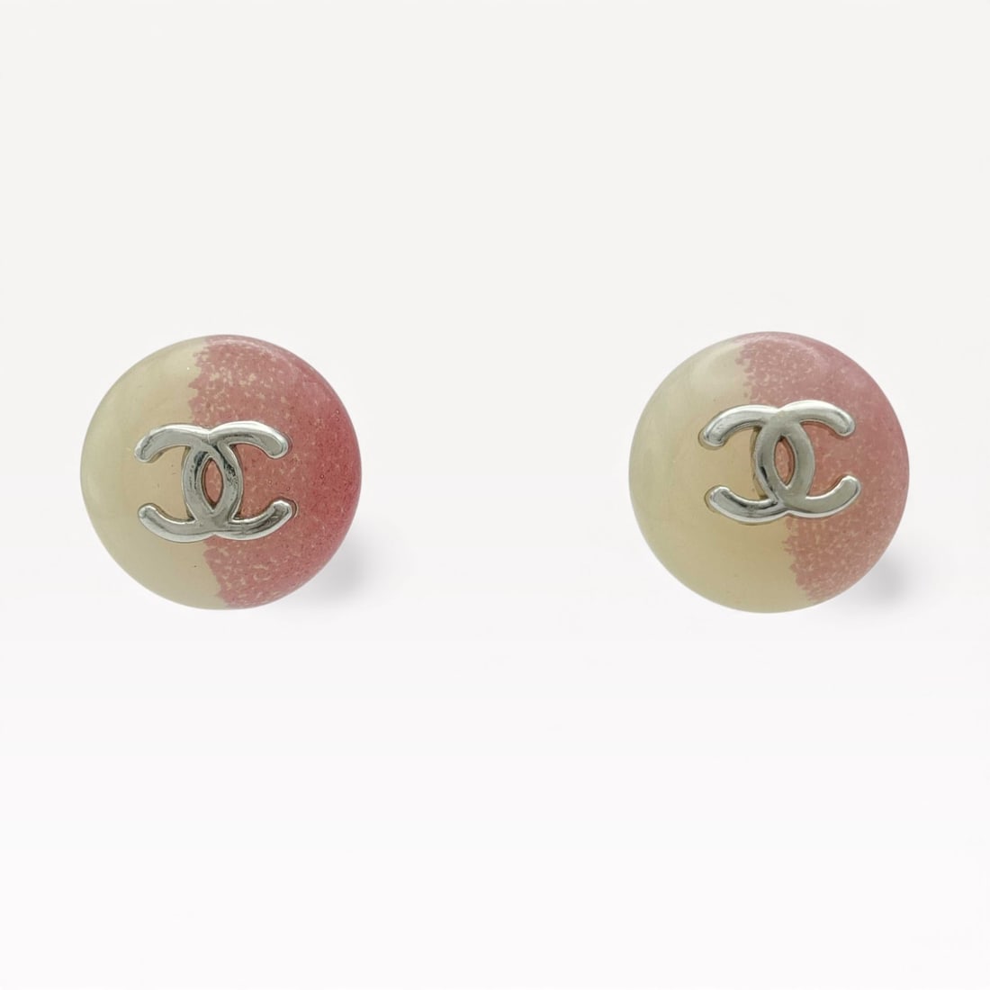 Chanel 99P Vintage CC Button Resin & Palladium-tone Metal, White/Beige & Pink Glitter - Excellent (1 of 7)