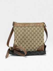 Gucci GG Canvas Brown Leather Studded Shoulder Bag