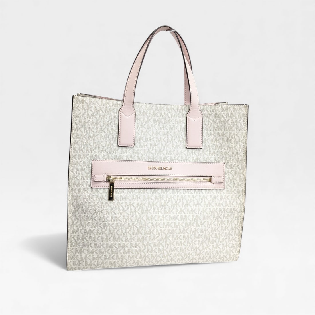 Michael Kors Pink and Grey MK Logo Tote Bag: Authentic Michael Kors grey canvas with MK logo monogram and pink leather handle tote bag. Quilted interior with pink leather accents.