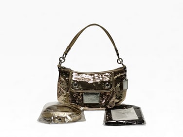 Coach Poppy Sequin Spotlight 2-way shoulder bag in gold sequins with metallic leather trim