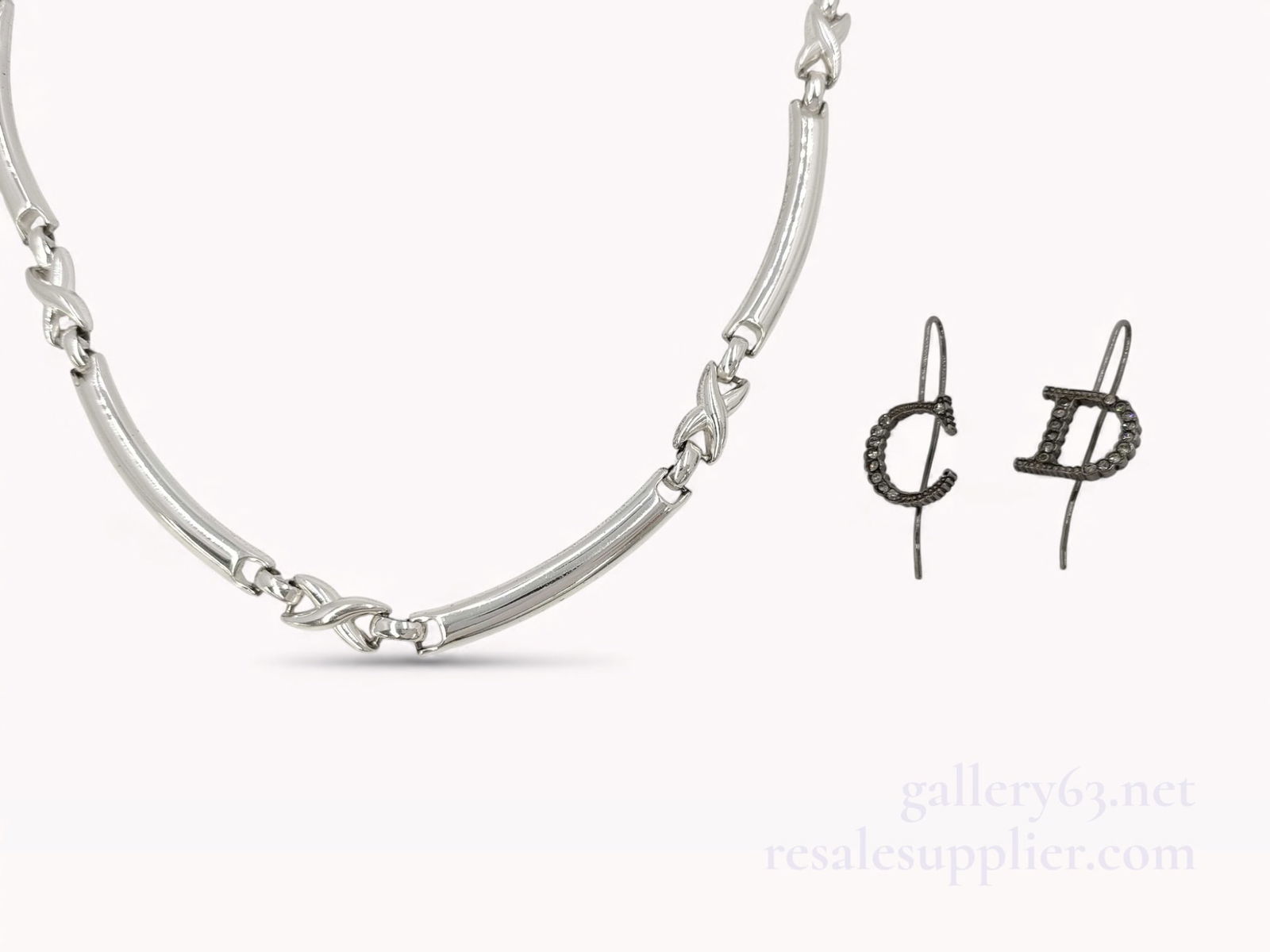 Authentic Dior SV925 Necklace & Logo Rhinestone Earrings Set Authentic (1 of 6)