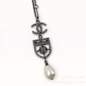 Chanel Shield Drop Dark Silver Pearl Necklace B15B 2015