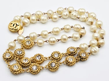 Vintage Chanel Pearl and Gold Tone CC Logo Necklace