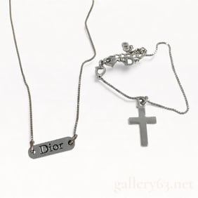 Dior Logo Plate and Cross Necklace Set of Two