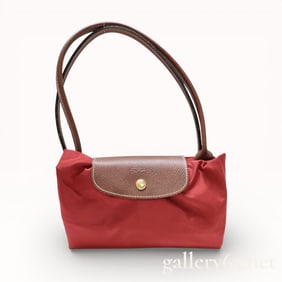 Longchamp Le Pliage Red and Brown Nylon and Leather Tote Bag