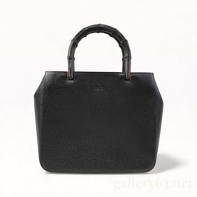 Gucci Black Leather Red Sued Interior Bamboo Handle Handbag