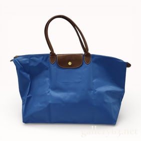 Longchamp Le Pliage Original Blue Nylon and Brown Leather Tote