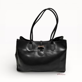 Longchamp Black Leather Shoulder Bag w/ Bamboo Figural Hardware