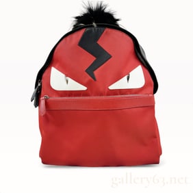 Fendi Red Leather and Nylon Monster Eyes Backpack w/ Fur Mohawk
