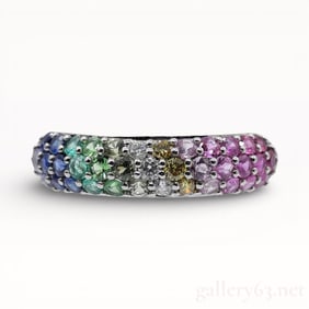 Rainbow Ruby Emerald Garnet Tourmaline Diamond Platinum Ring sz. 6.5