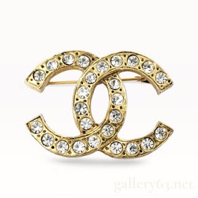 Chanel 1970s 24K Gold Plated Rhinestone CC Logo Brooch