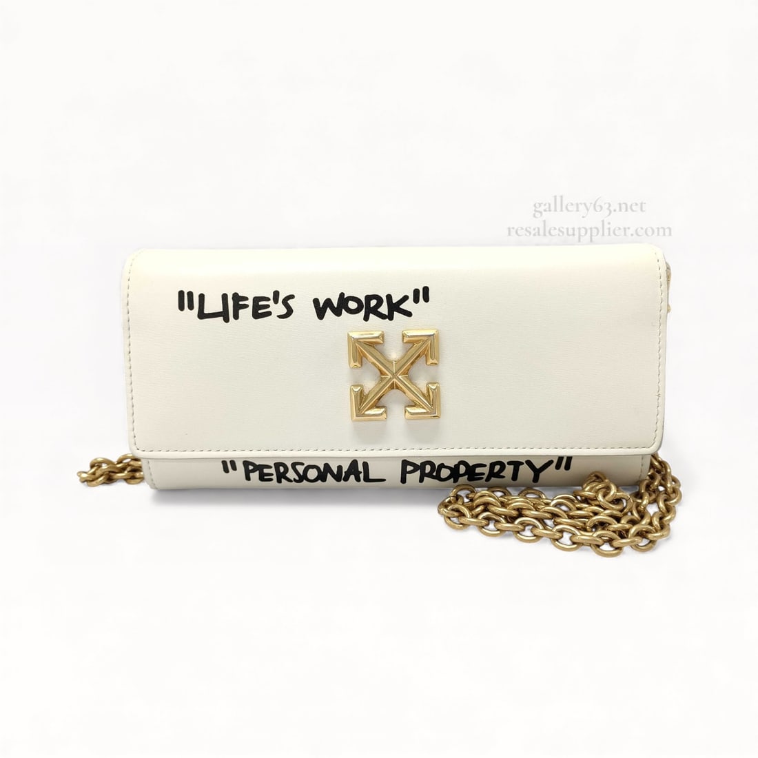 Off-White White Leather Chain Wallet with Gold Hardware: Off-White chain wallet having a rectangular flap-front form in smooth white leather. Front printed with black text reading “LIFE’S WORK” and “PERSONAL PROPERTY.” Center featuring the