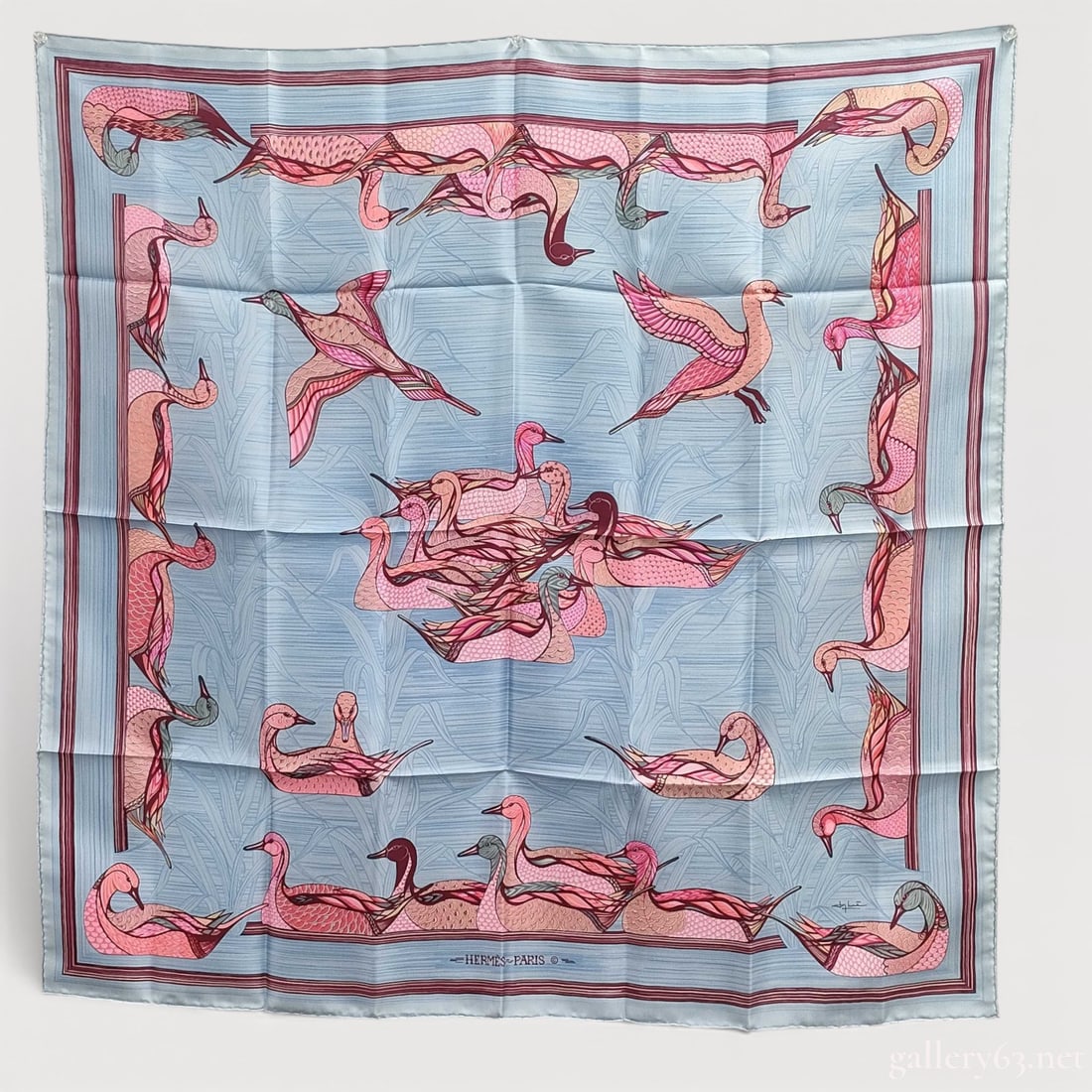 Hermes "La Mare aux Canards" Silk Scarf 90CM w/Tag: Authentic Hermes "La Mare aux Canards" Silk Scarf 90CM w/Tag. Blue background with pink ducks. 