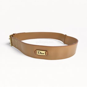 Dior Tan Leather Belt with Gold Logo Plaque