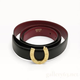 Vintage Gucci Horseshoe Black and Red Leather 34in Belt w/Box