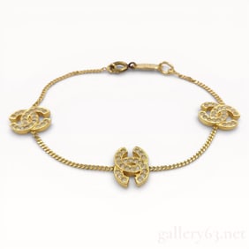 Chanel 3 CC Logo Motif Gold Rhinestone Bracelet w/ Box