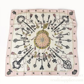 Hermès "Les Clés" (Keys) vintage 90cm silk scarf in a pink colorway
