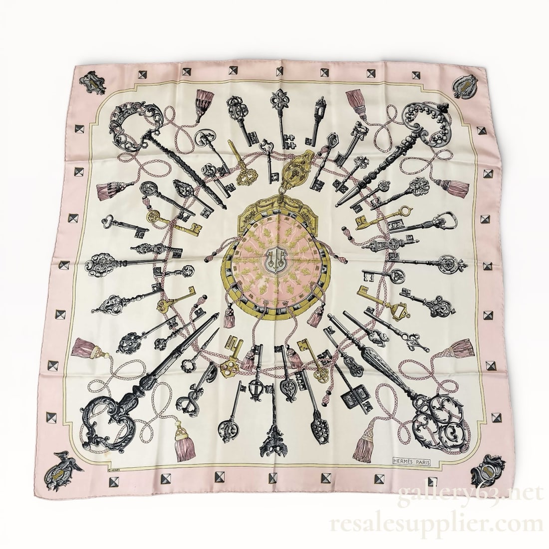 Hermès "Les Clés" (Keys) vintage 90cm silk scarf in a pink colorway (1 of 11)