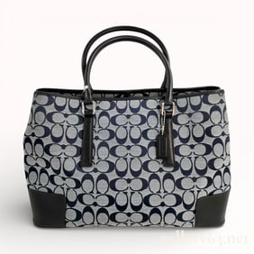 Coach Signature Navy and Black Canvas and Leather Tote Bag