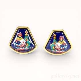 Hermes Cloisonne Enamel Gold Earrings with Box