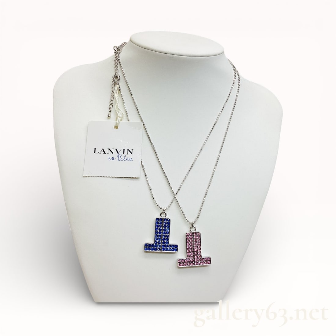 Lanvin Rhinestone Logo Necklace New with Tags: Authentic Lanvin Rhinestone Logo Necklace New with Tags. Retailed in Japan. Lanvin en Bleu brand blue and pink rhinestone matching his and hers necklace. Perfect for Valentine's day. 