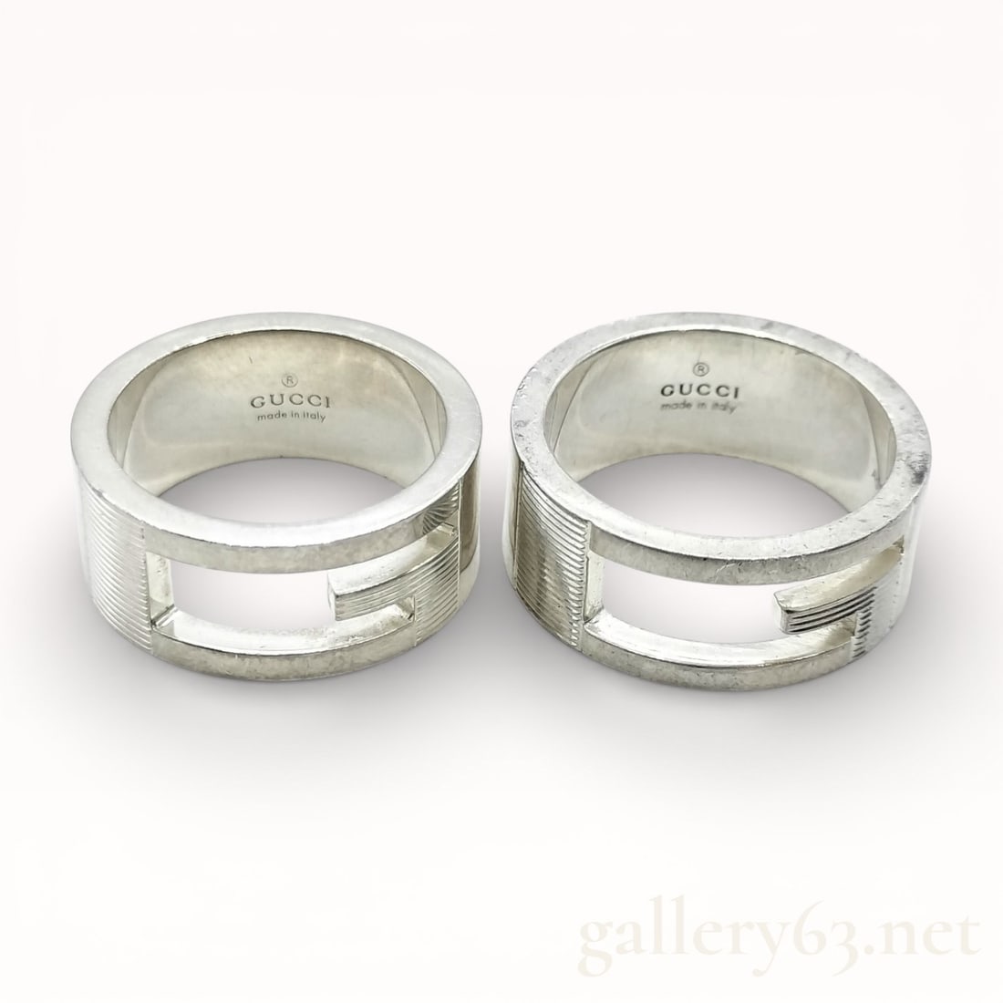 Heavy Pair of Gucci Silver Rings sz 6.5 & 4.75: Gucci Sterling silver 925 G cutout logo rings. Size 6.5 and 4.75. 15.12 grams total weight 