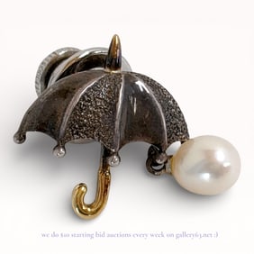 Mikimoto Umbrella Motif Brooch/Pendant in 18K gold & Sterling Silver with Pearl