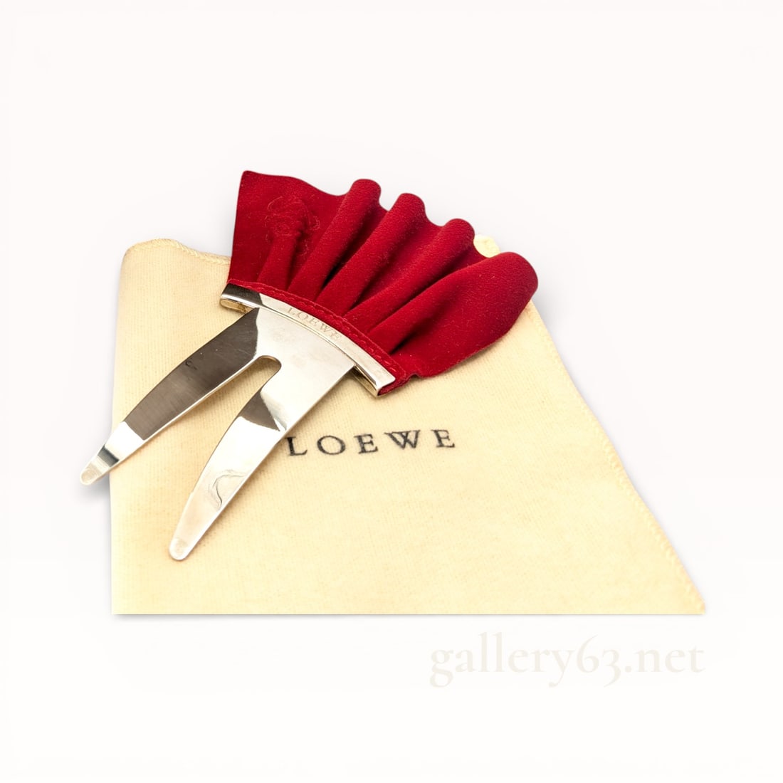 Loewe Red Suede and Silver Hair Pin: Authentic Loewe red folded suede hair pin made in beautiful silver plate. Comes with dust jacket. 