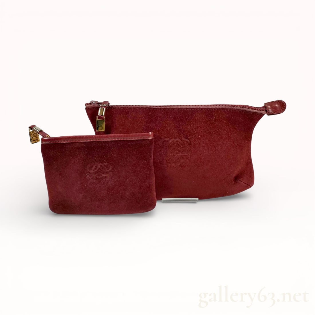 Vintage Loewe Bordeaux Suede Mama and Baby Companion Bags: Authentic vintage Lowew Bordeaux suede leather mama and baby companion pouch clutch bags. Vintage made in Spain. Gallery 63 is the place to buy authentic vintage designer brands. 