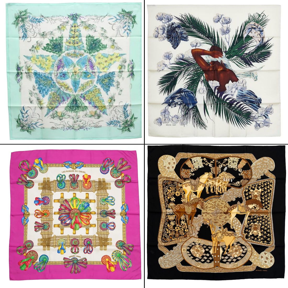 Collection of 4 Hermès Silk Carre 90 - Pythagore, Turbans de Reines, Les Rubans du Cheval, and Art (1 of 10)
